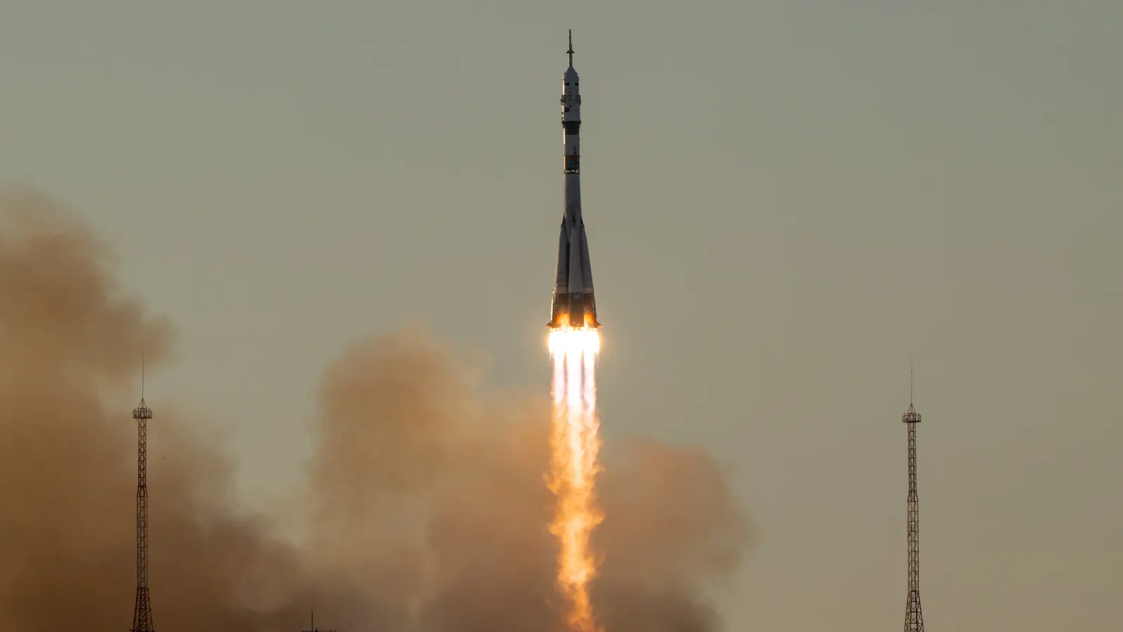 A Soyuz rocket carrying the Soyuz MS-29 crew lifting off from the Baikonur Cosmodrome in Kazakhstan on July 14, 2026, bound for the International Space Station