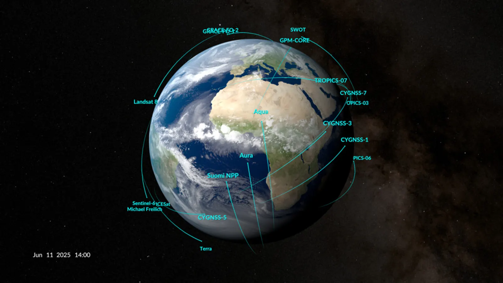A NASA visualization of Earth-observing satellites such as Aqua, Aura, Terra, Landsat 8 and Suomi NPP on their orbits around Earth, each labelled, over Africa and the Atlantic