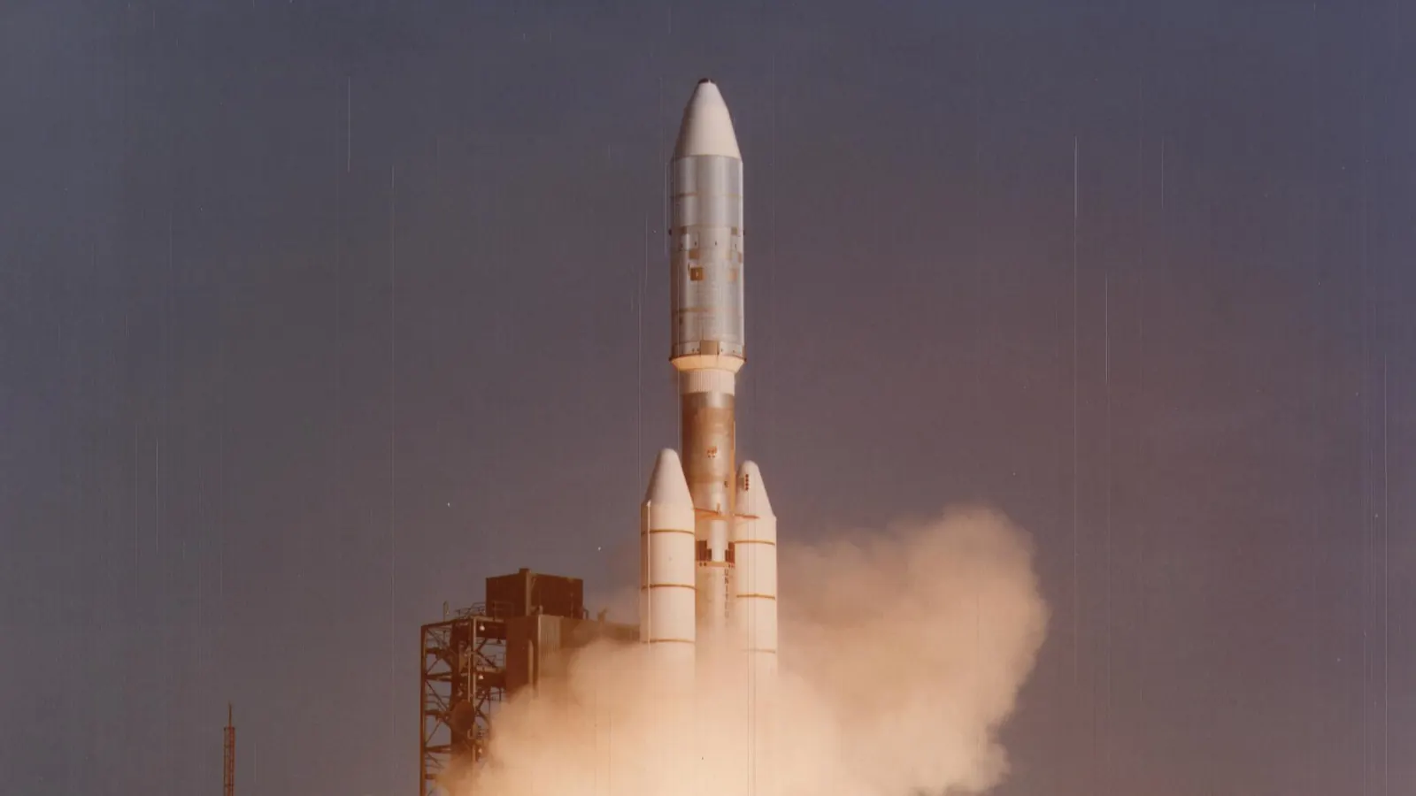 A Titan/Centaur-6 rocket carrying Voyager 1 rising from a cloud of exhaust at Kennedy Space Center in Florida on September 5, 1977